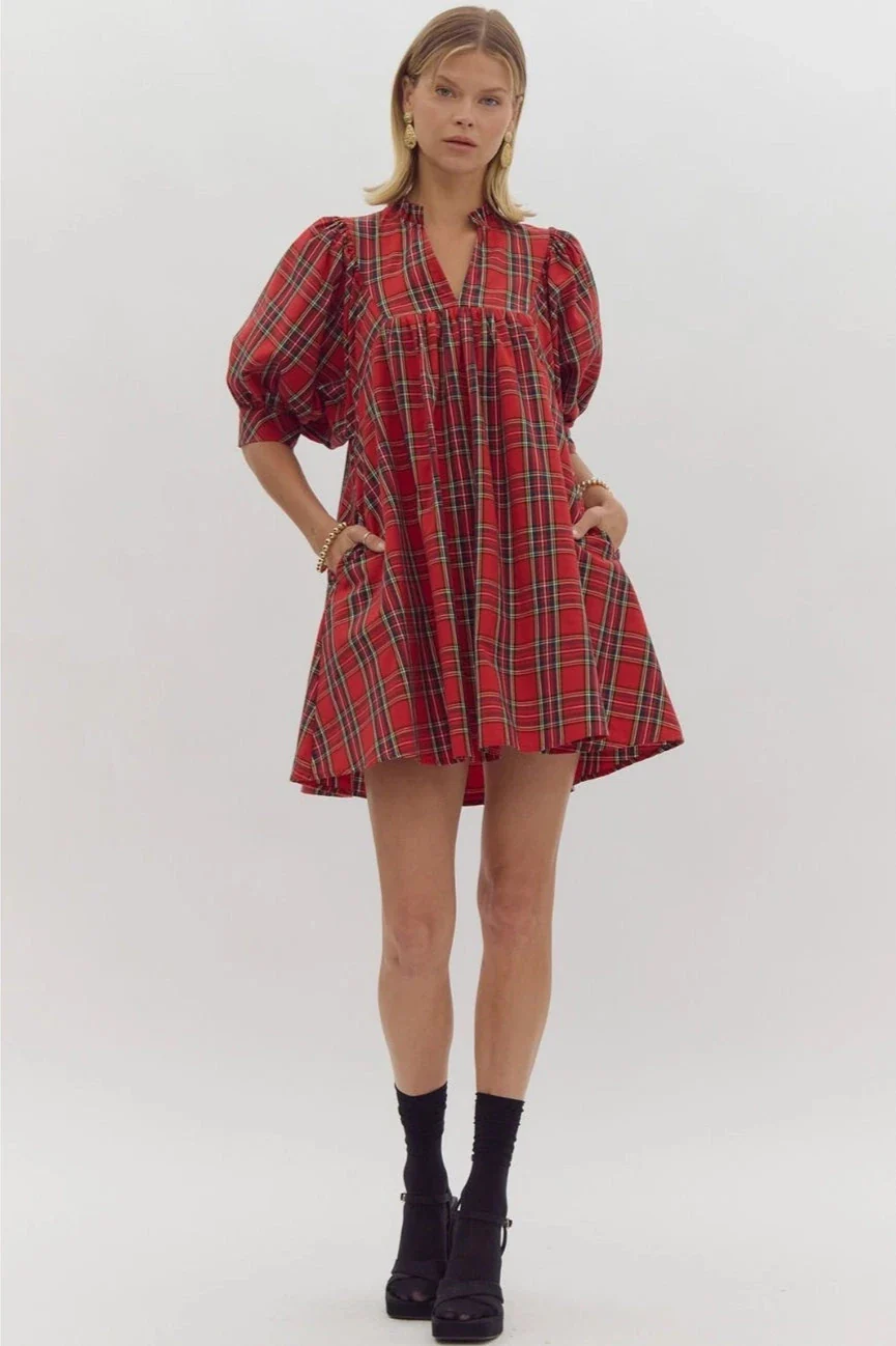 Bethenny Plaid V-Neck Puff Sleeve Mini Dress