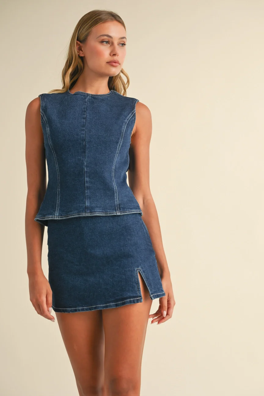 Lou Denim Open Back Top with Bow Detail and Mini Skirt Set