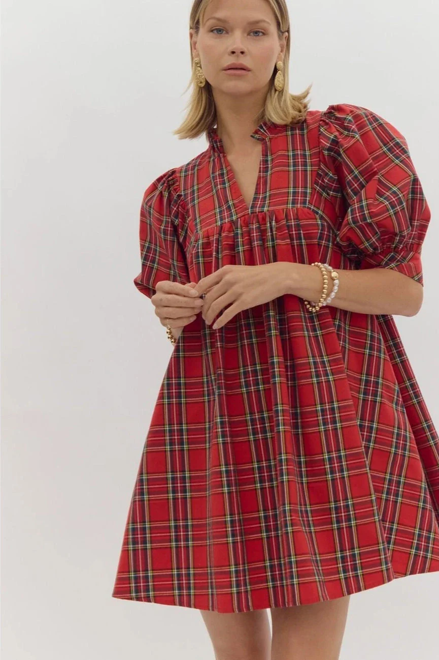 Bethenny Plaid V-Neck Puff Sleeve Mini Dress