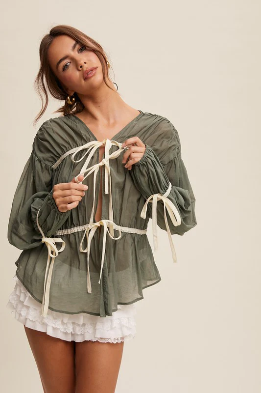 Florence Bow Tie Contrast Long Sleeve Blouse Top