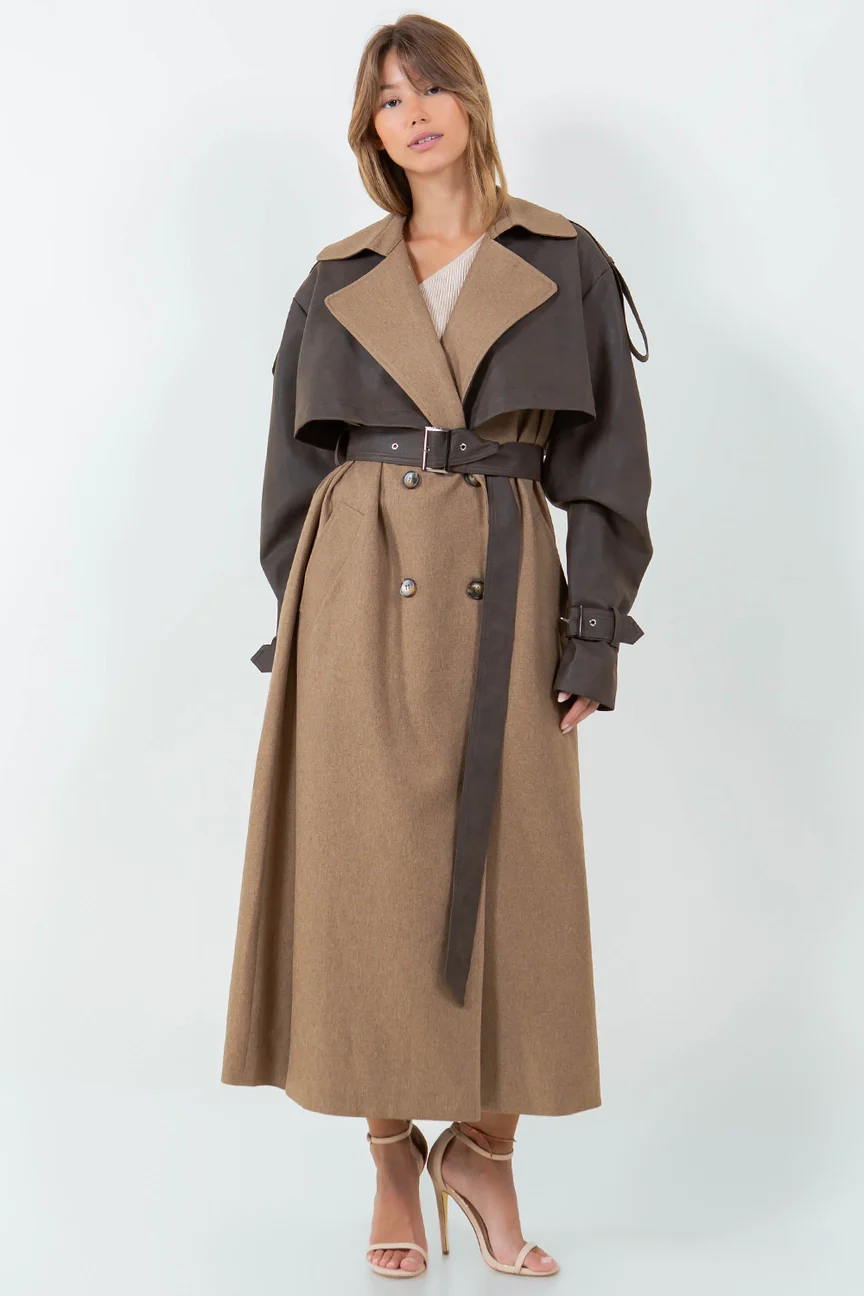 Vivienne Leather Contrasted Long Trench Coat