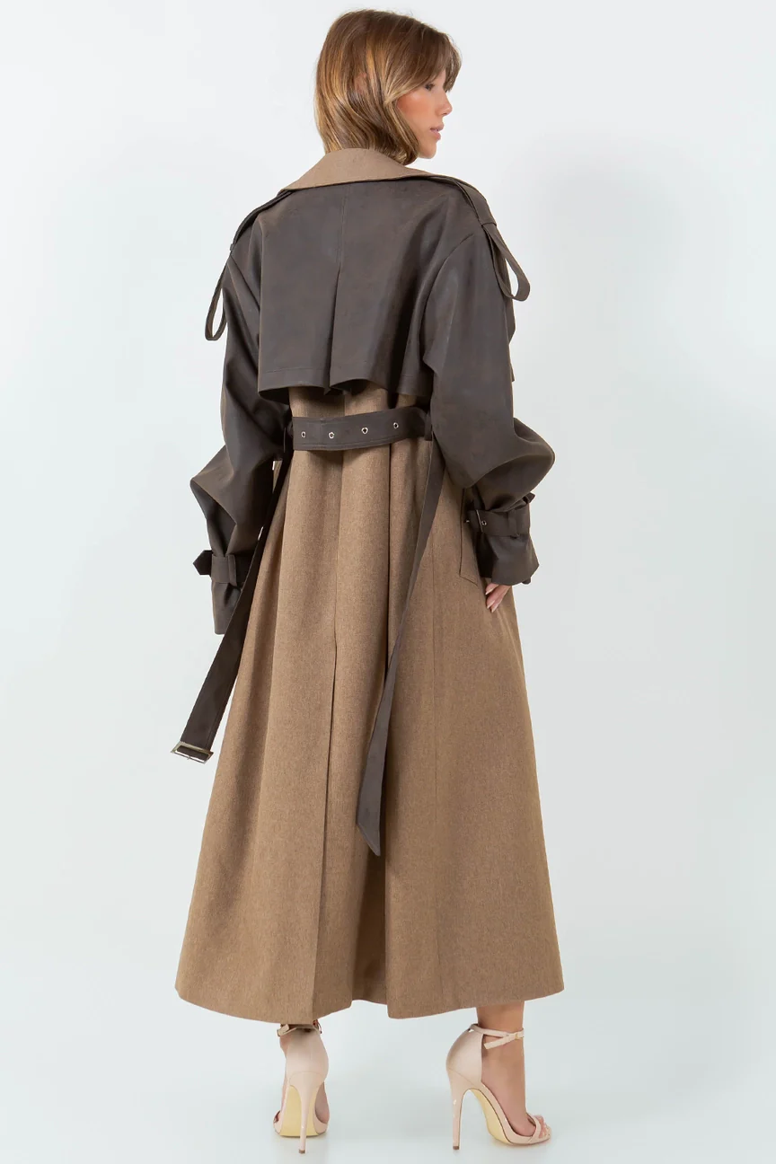 Vivienne Leather Contrasted Long Trench Coat
