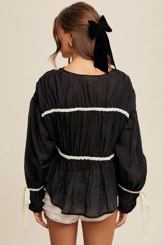 Florence Bow Tie Contrast Long Sleeve Blouse Top
