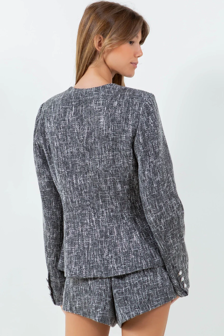 Evelyn Diamond Shape Neckline Tweed Blazer and Asymmetrical Tweed Shorts Set