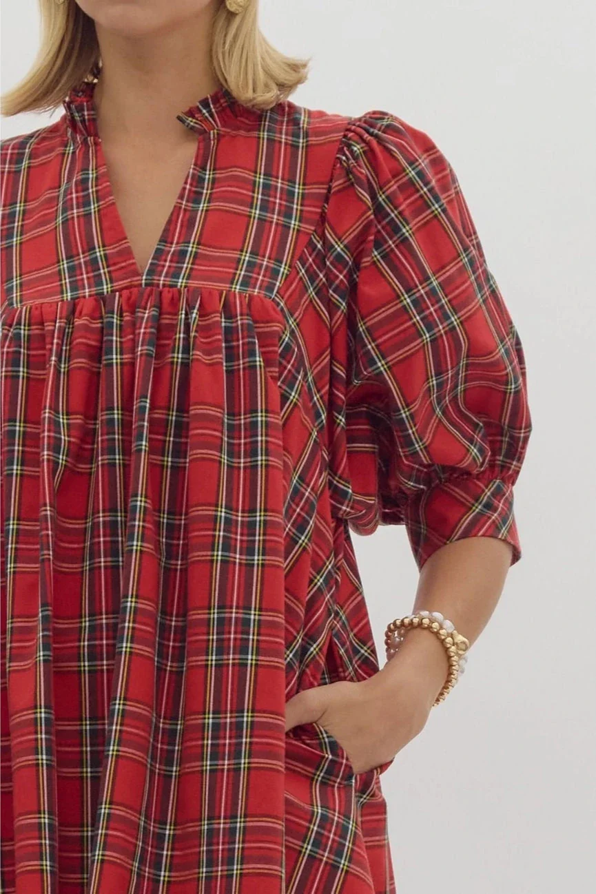 Bethenny Plaid V-Neck Puff Sleeve Mini Dress