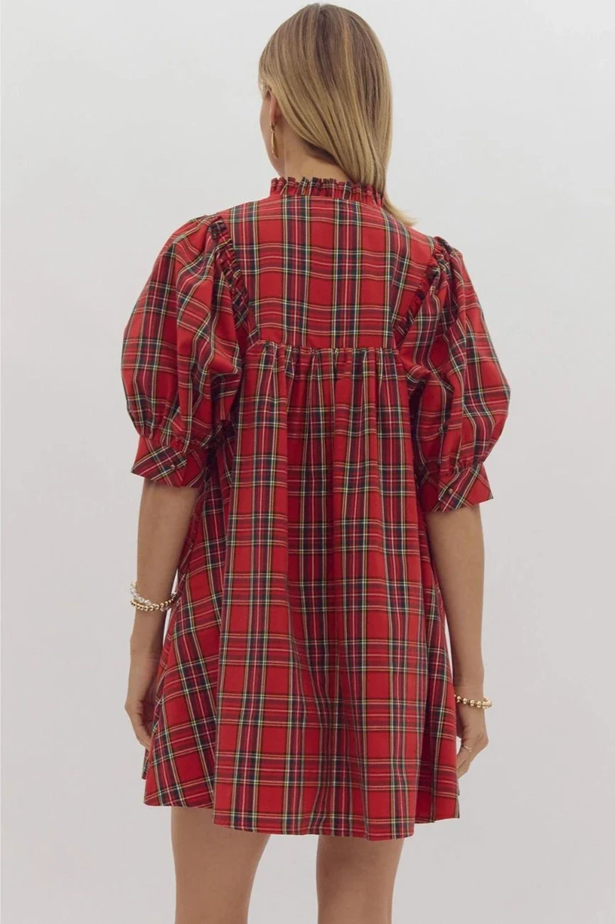 Bethenny Plaid V-Neck Puff Sleeve Mini Dress