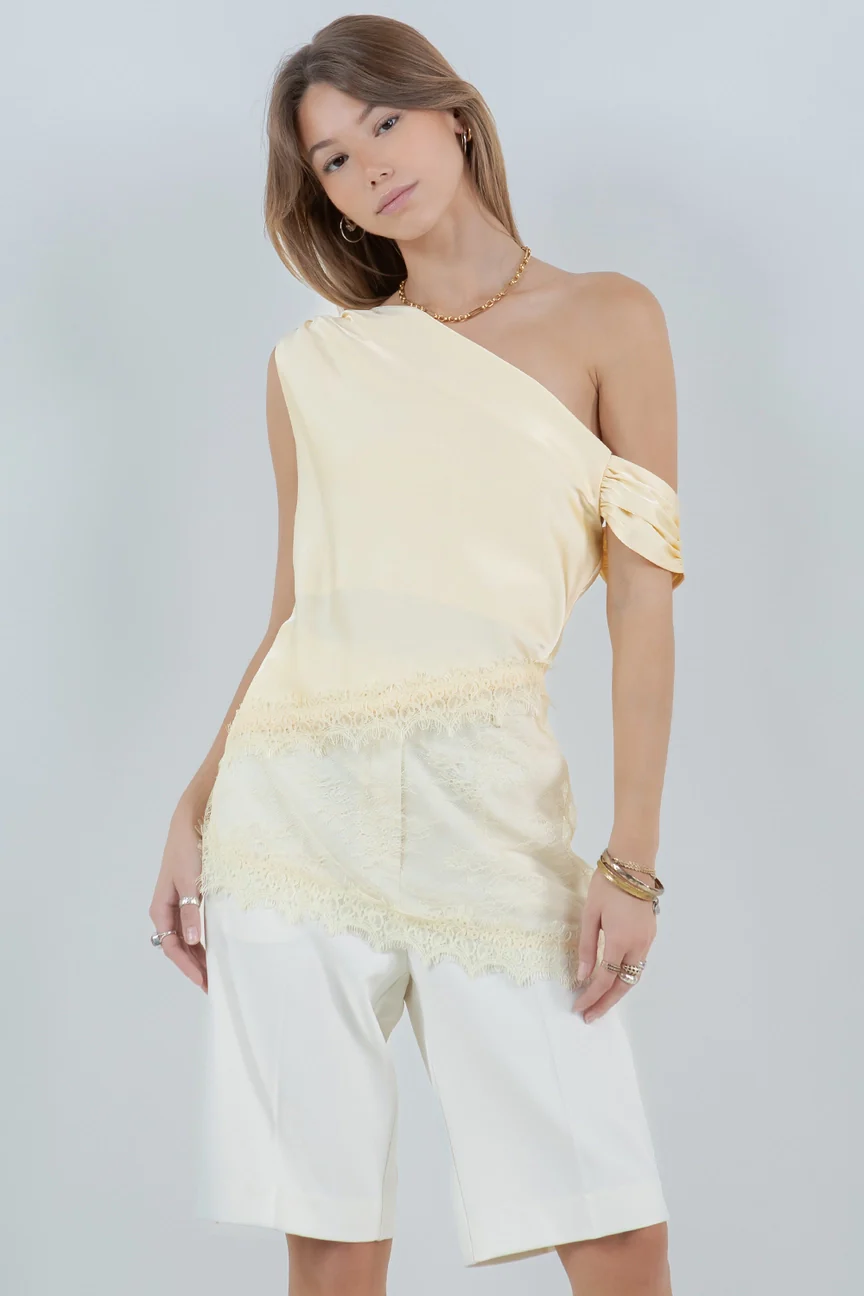 Elsie Asymmetrical One Shoulder Satin Lace Mix Top