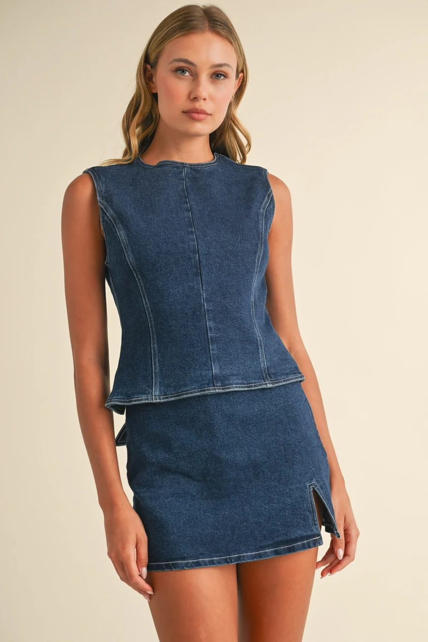 Lou Denim Open Back Top with Bow Detail and Mini Skirt Set