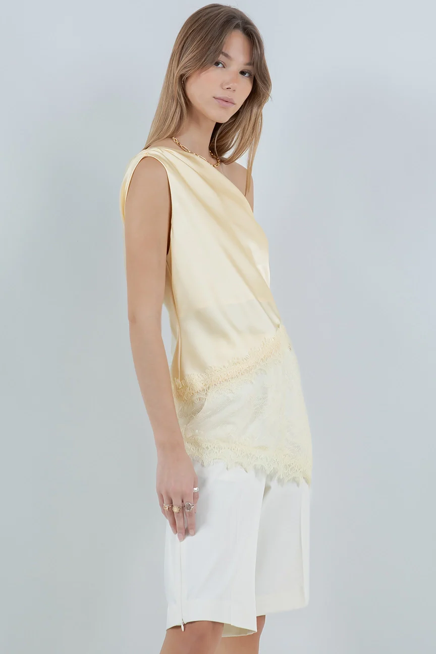 Elsie Asymmetrical One Shoulder Satin Lace Mix Top
