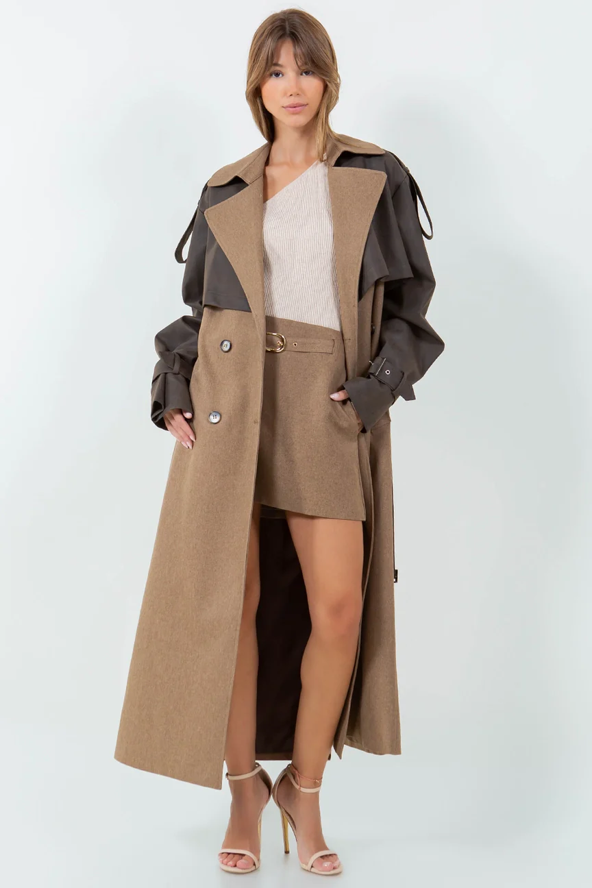 Vivienne Leather Contrasted Long Trench Coat