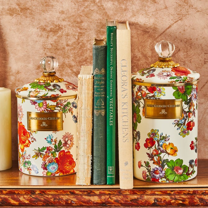 White Flower Market Enamel Canisters