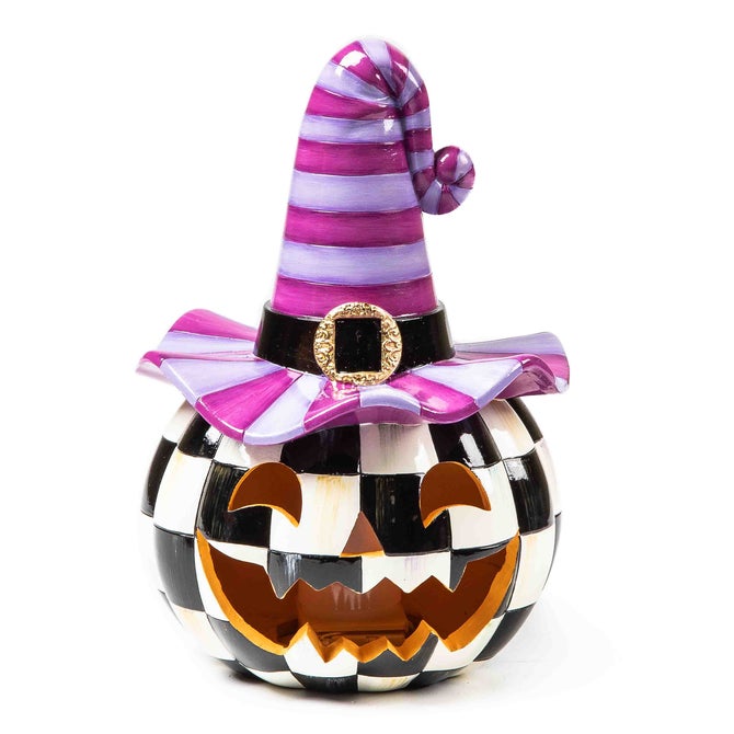 Illuminated Happy Jack Pumpkin with Purple Hat
