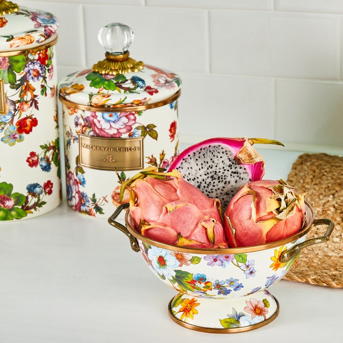 White Flower Market Enamel Canisters