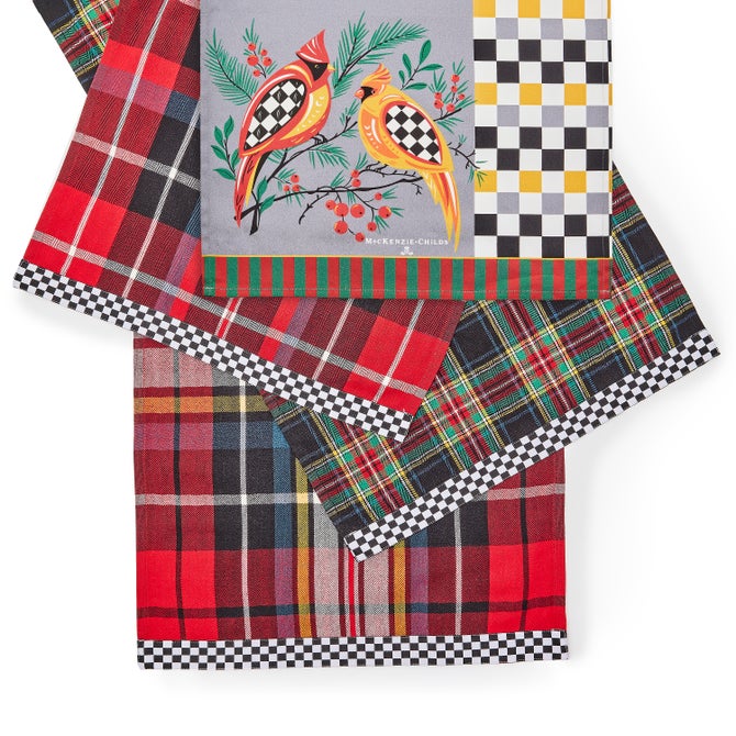 Holiday Cardinal & Tartan Check Assorted Woven Dish Towels Set