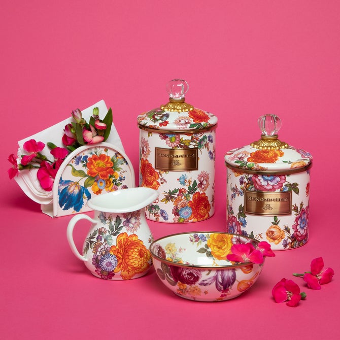White Flower Market Enamel Canisters