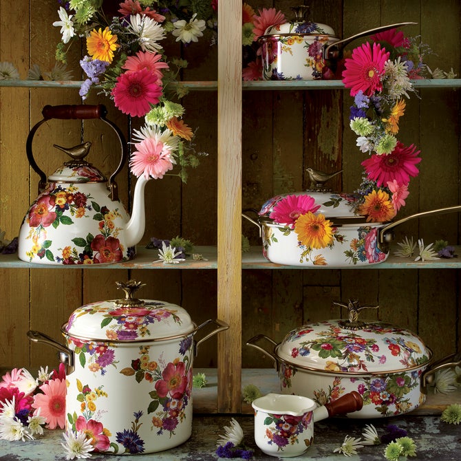 White Flower Market 3 Quart Tea Kettle with Bird