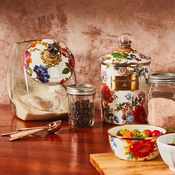 White Flower Market Enamel Canisters
