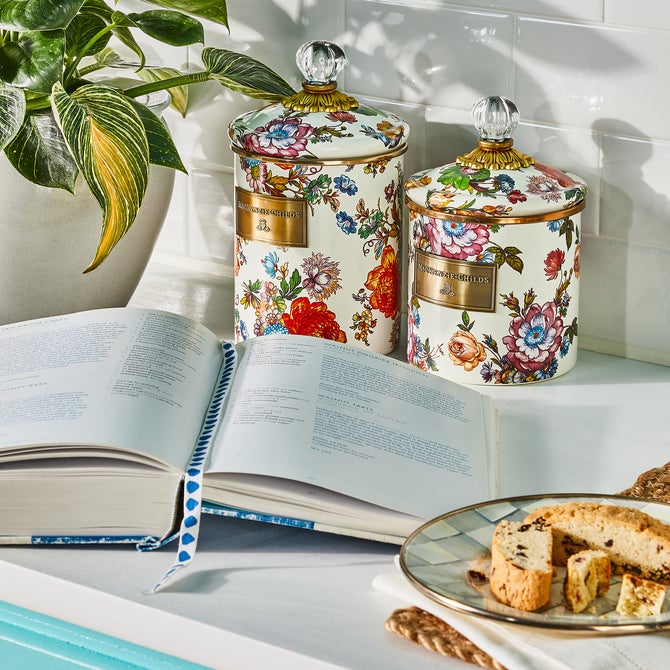 White Flower Market Enamel Canisters