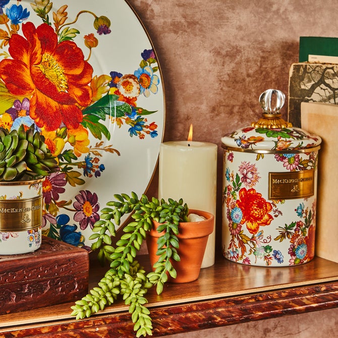 White Flower Market Enamel Canisters