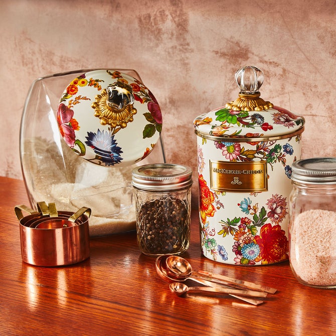 White Flower Market Enamel Canisters