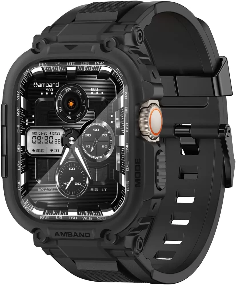 amBand Bands Compatible with Apple Watch 8/7 45mm, M1 Sport Series Rugged Case with Strap Protective Cover for iWatch 6/SE/5/4/3 42/44/45mm Men Black