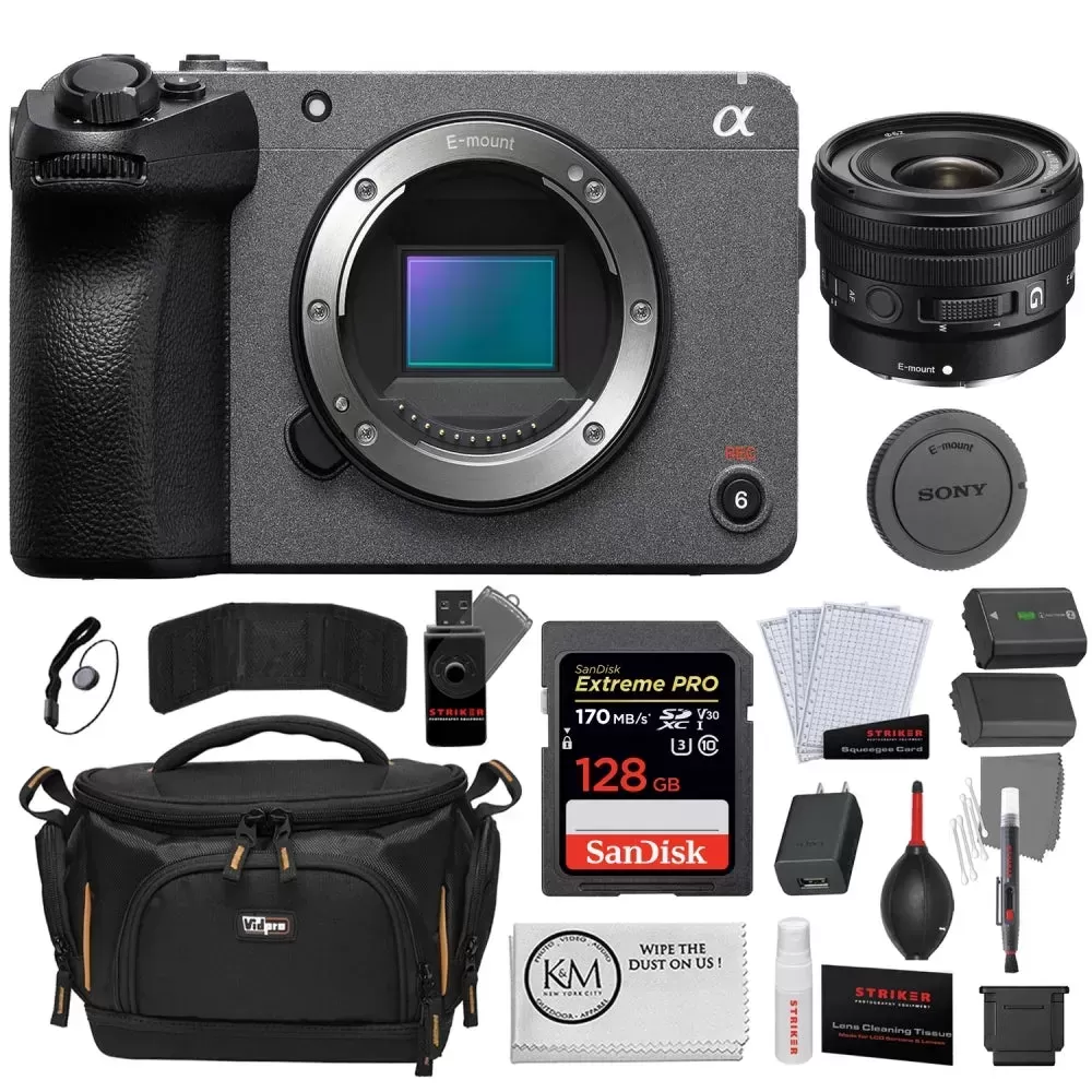 Sony FX30 Digital Cinema Camera + Sony E 10-20mm f/4 PZ G Lens +128GB Memory Card + NP-FZ100 Battery + Striker Photo Kit + Vidpro TL-50 Camera Case + K&M Camera Microfiber Cleaning Cloth Bundle