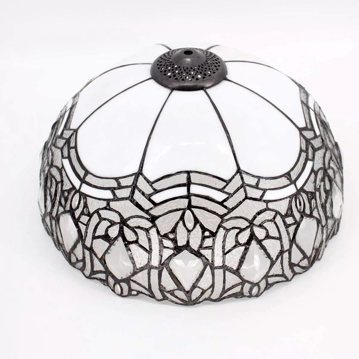 Tiffany Style Table Lamp Stained Glass White Crystal Shade Metal Base 24