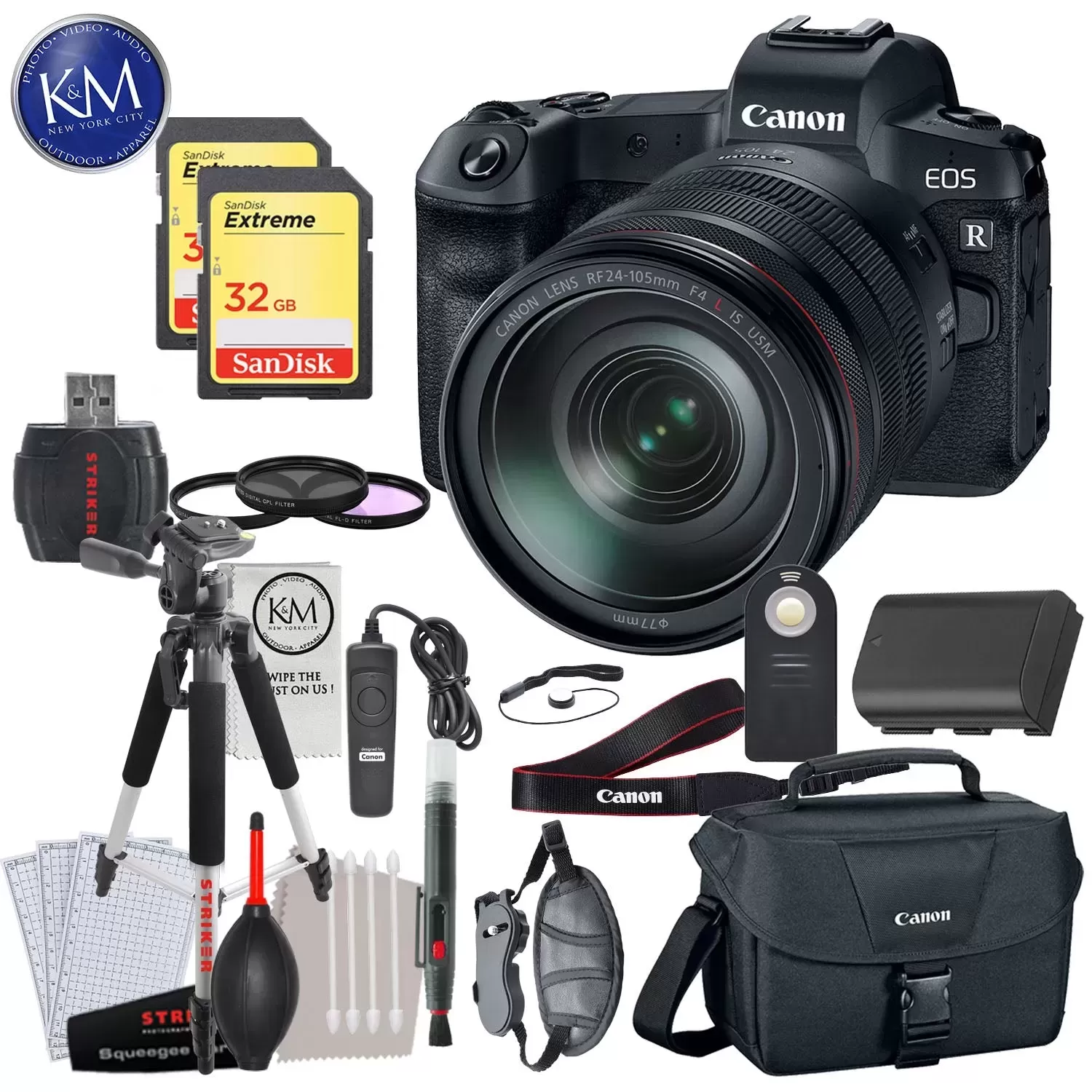 Canon EOS R Mirrorless Digital Camera with 24-105mm Lens with Deluxe Striker Bundle: Includes- Memory Card, Extra Battery, Large Tripod, Handstrap, Large Bag, and Striker Starter Kit