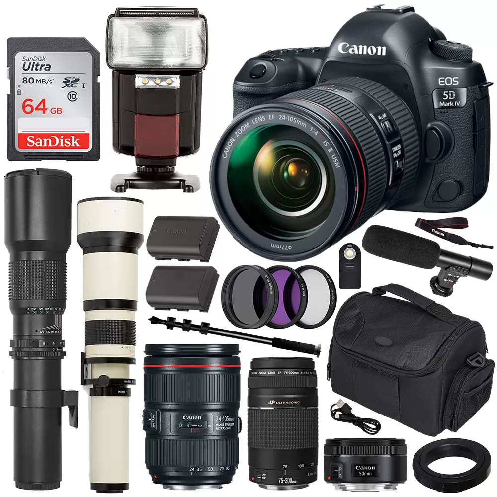 Canon EOS 5D Mark IV DSLR Camera With Canon 24-105mm USM, - 1483C010 50mm F/1.8 STM, - 0570C002 & 75-300mm F/4-5.6 III - 6472A002 With 500mm & 650-1300mm Preset Telephoto 5 Lens Professional Bundle