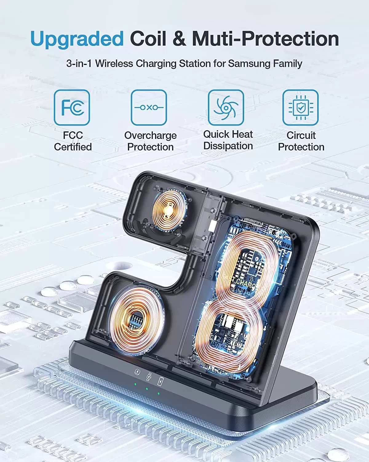 Samsung Wireless Charger, Metmoon 3 in 1 Samsung Charging Station for Galaxy S23 S22 S21 S20 Ultra FE/Note 20 10 9/Z Flip Fold Series, Galaxy Watch 5 Pro/5/4/3/Active 2/1, Buds+/Pro/Live(With Adapter)