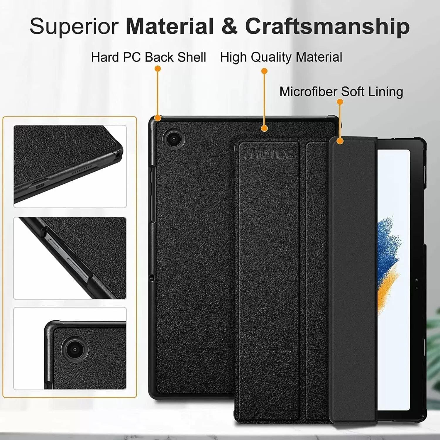 Galaxy Tab A8 10.5” Inch 32 GB Wi-Fi Android 11 Touchscreen International Tablet Bundle – MDTec Hard Back Tri-Fold Stand Cover Case and 64GB microSD Card [Gray]