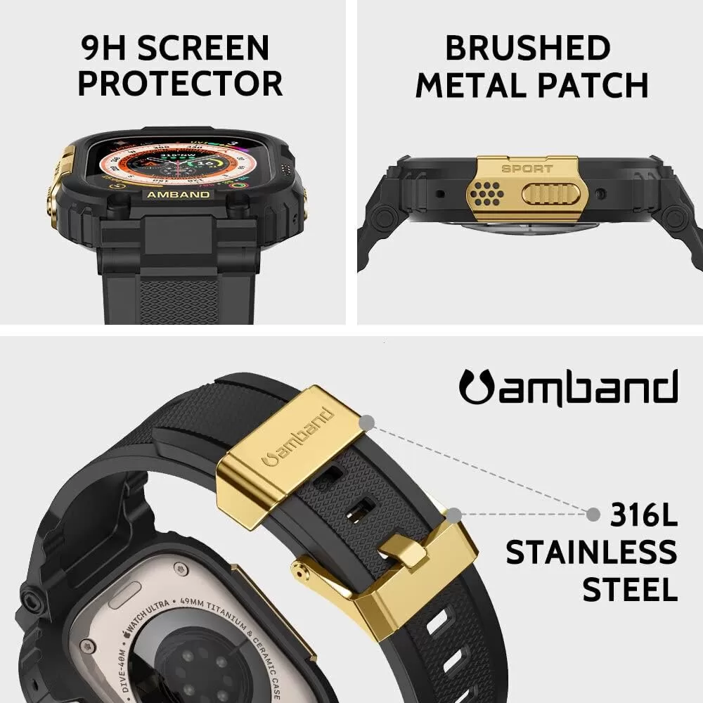 amBand Bands Compatible with Apple Watch 8/7 45mm, M1 Sport Series Rugged Case with Strap Protective Cover for iWatch 6/SE/5/4/3 42/44/45mm Men Black