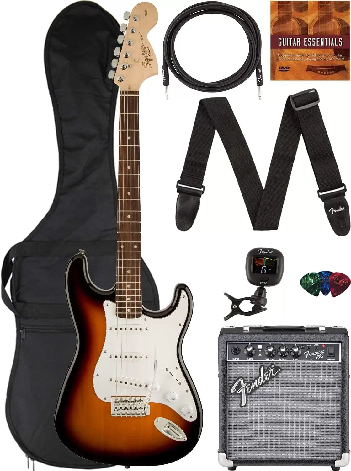 Fender Squier Stratocaster - Sunburst Bundle with Frontman 10G Amp, Gig Bag, Instrument Cable, Tuner, Strap, Picks, Fender Play Online Lessons, Instructional Book, and Austin Bazaar Instructional DVD