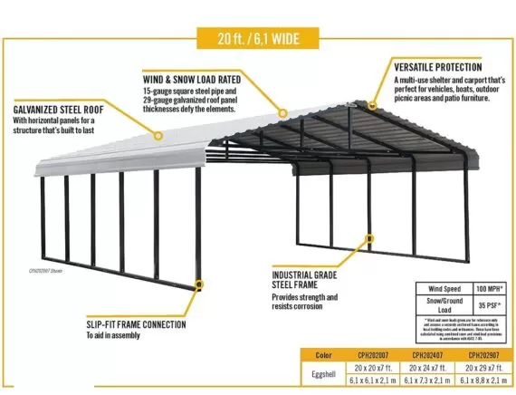 20′ x 20′, Eggshell Carports,Carport with Galvanized Steel Roof Panels