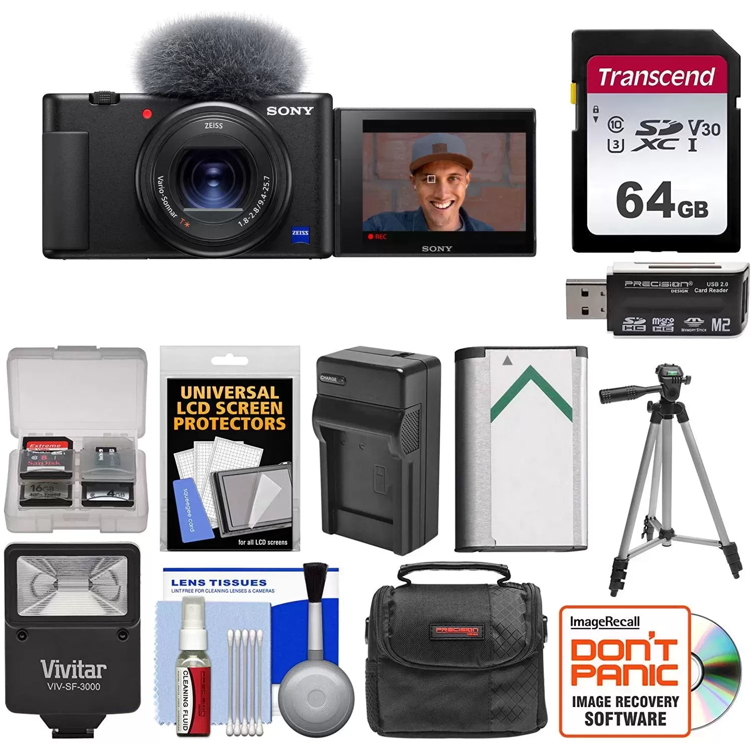 Sony ZV-1 Digital Camera | Black with 64GB Card + Case + Flash + Battery & Charger + Tripod + Kit