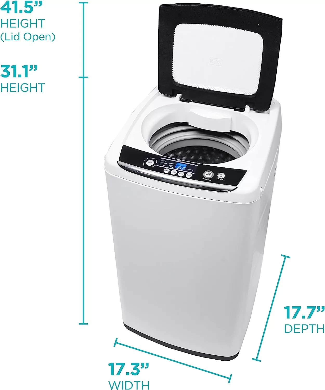 BLACK+DECKER Small Portable Washer, Washing Machine for Household Use, Portable Washer 0.9 Cu. Ft. with 5 Cycles, Transparent Lid & LED Display