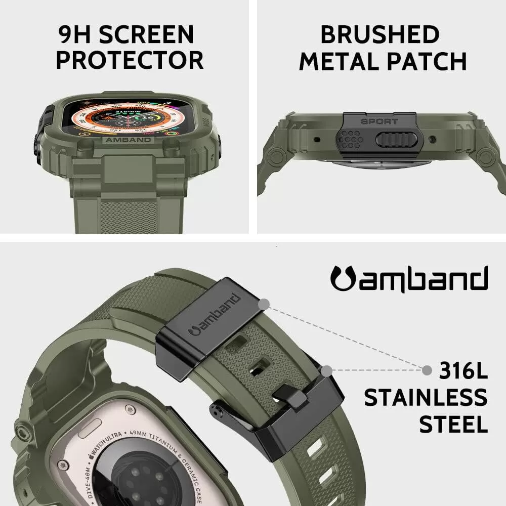 amBand Bands Compatible with Apple Watch 8/7 45mm, M1 Sport Series Rugged Case with Strap Protective Cover for iWatch 6/SE/5/4/3 42/44/45mm Men Black