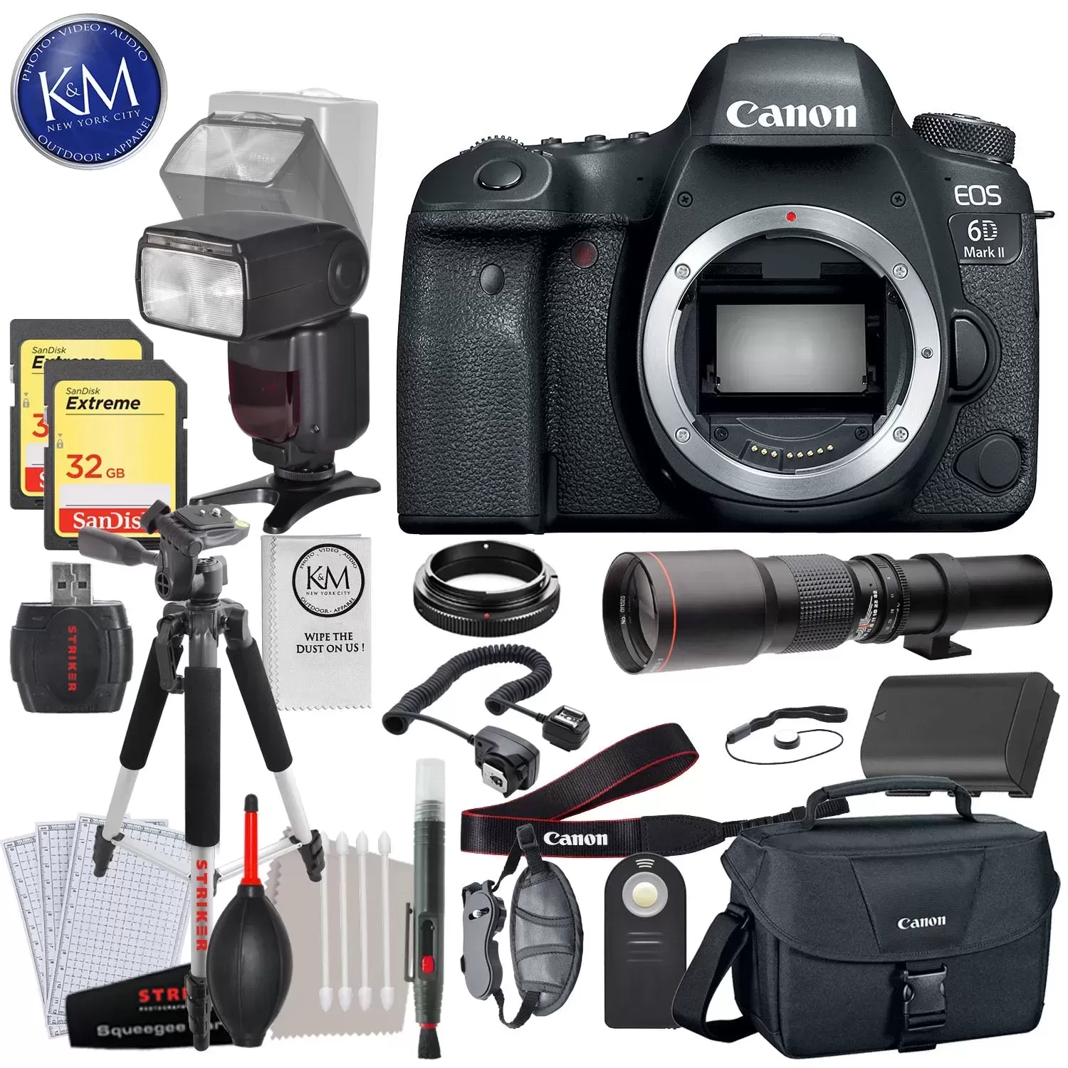 Canon EOS 6D Mark II DSLR Camera (Body) w/ 64GB Memory and 500mm Lens Striker Deluxe Bundle