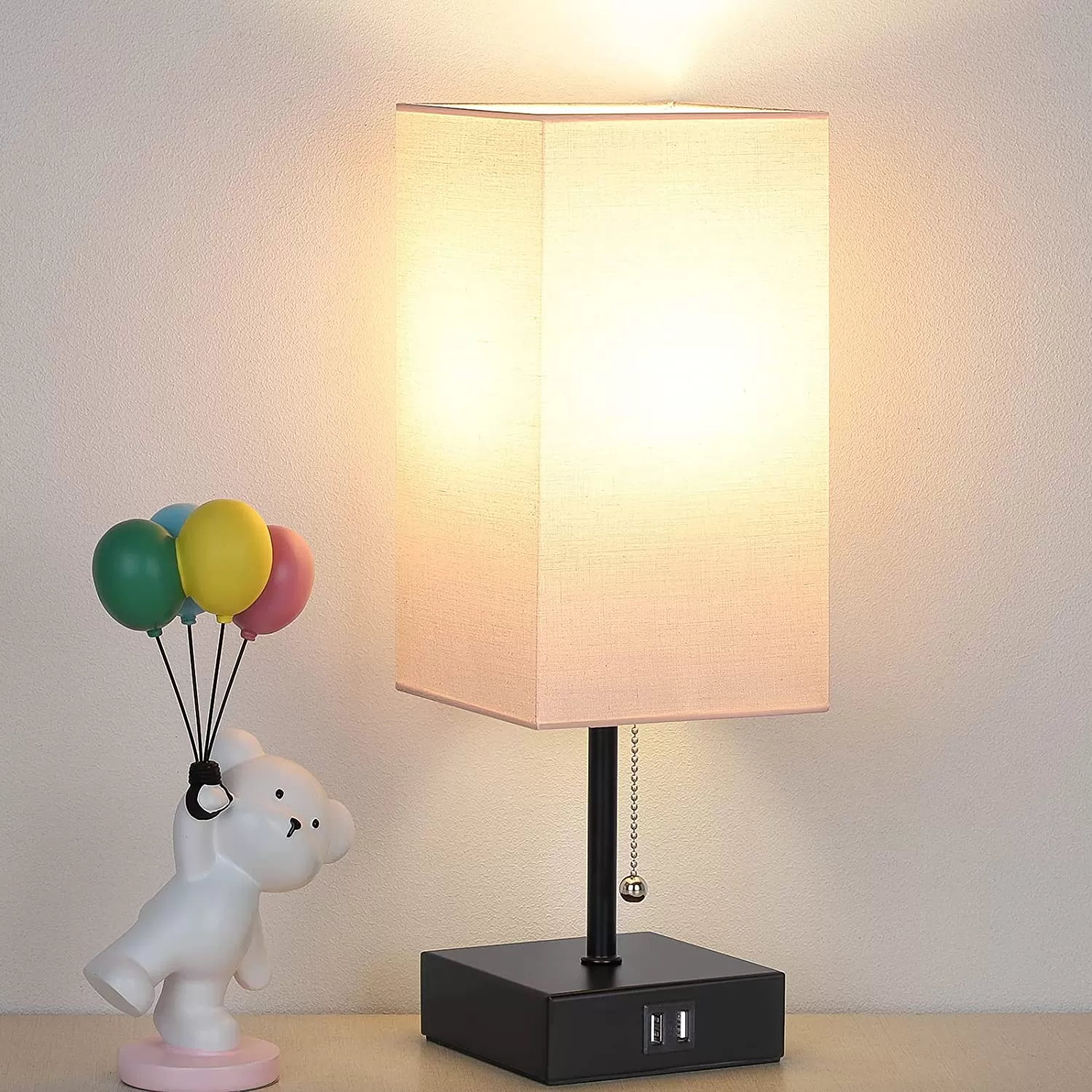 GGOYING Bedside Table Lamp, Pull Chain Table Lamp with Dual USB Charging Ports, 2700K LED Bulb, Fabric Linen Lampshade, Nightstand Lamp for Livingroom Bedroom Office Reading Working