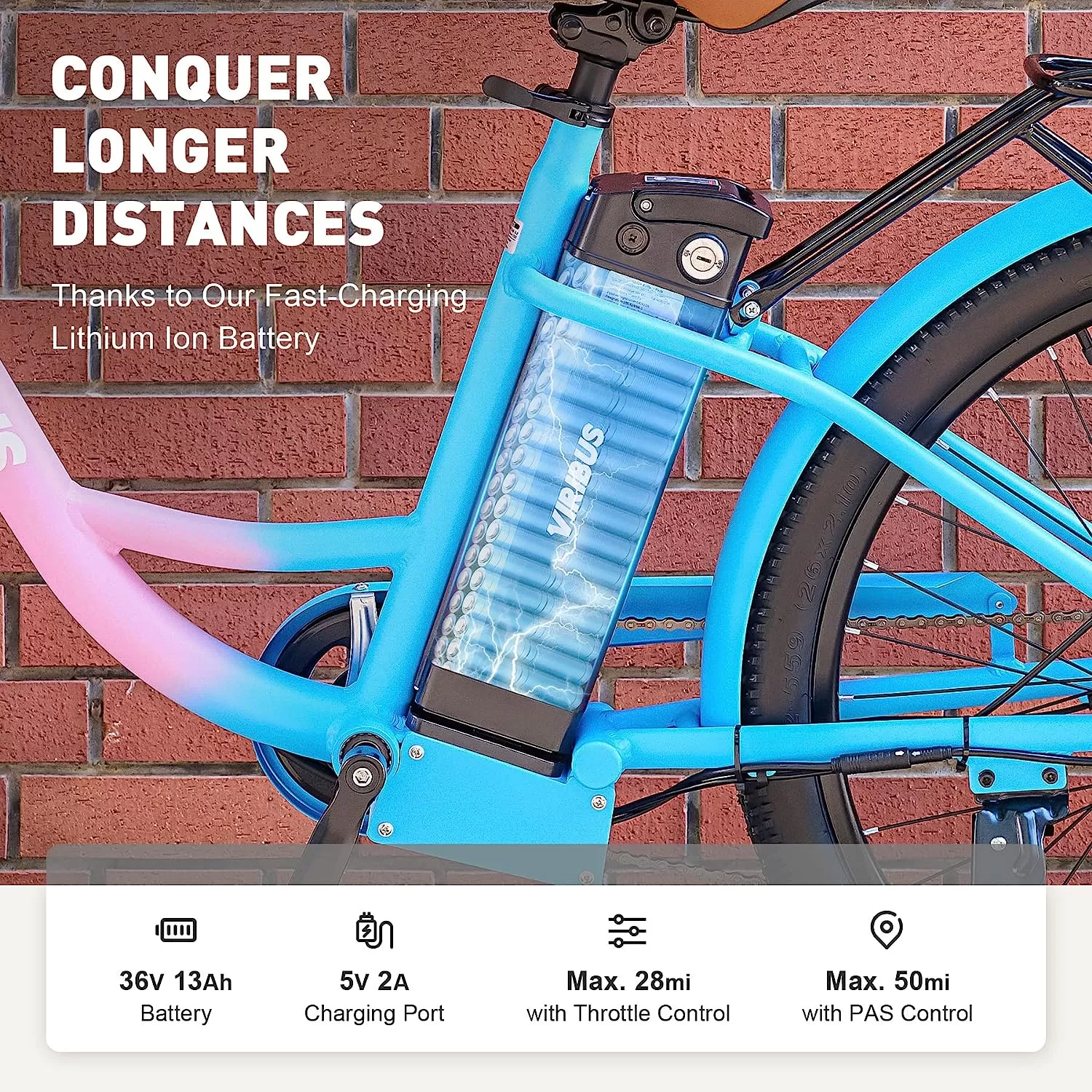 Viribus Electric Bike, Electric Cruiser Bike Adults Women, 25mph 40+ Mile Range 26