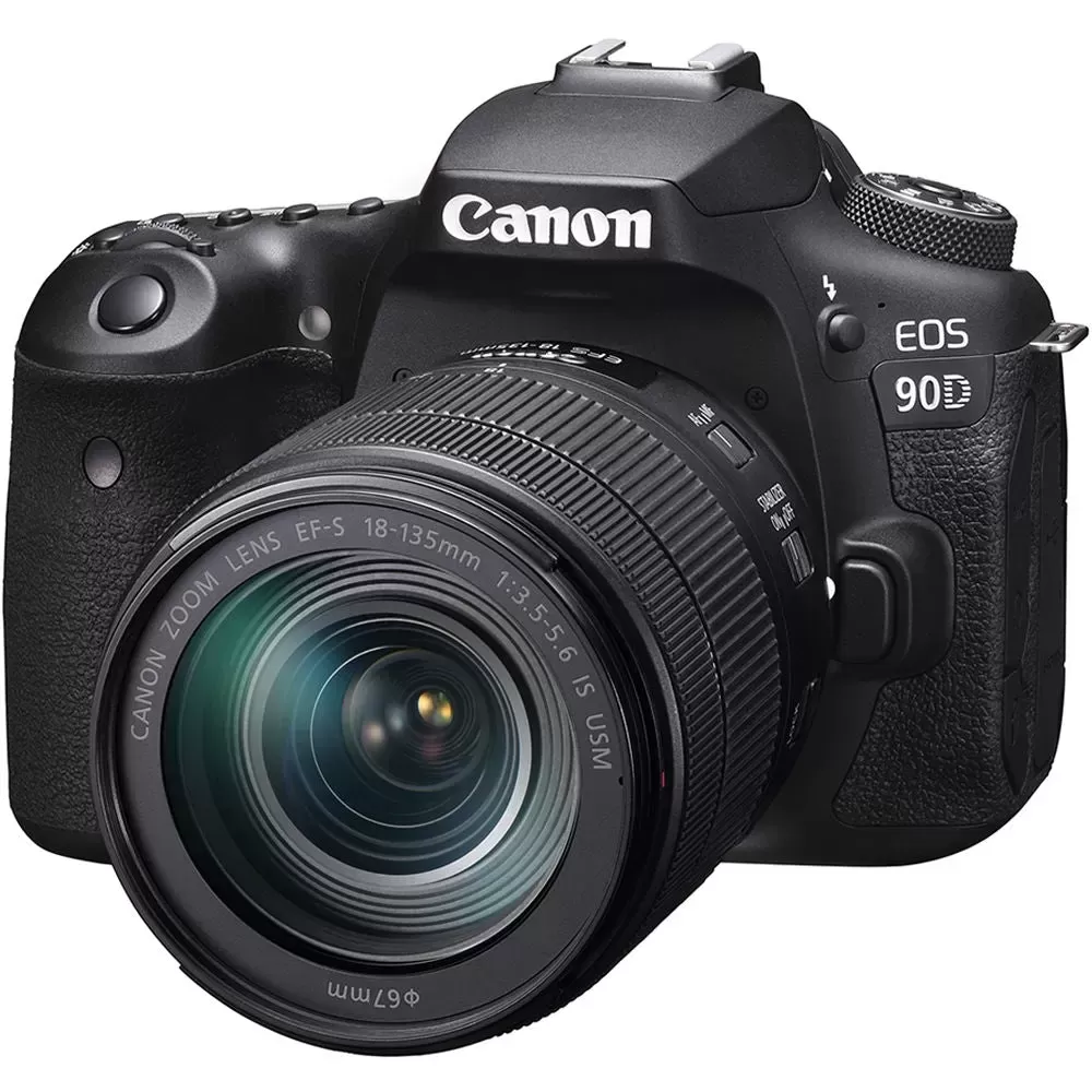 Canon EOS 90D DSLR Camera with 18-135mm Lens with Deluxe Striker Bundle: Includes – Memory Card x 2, Large Tripod, Slave Flash, 67mm Lens Kit, Hand Strap, Camera Bag, and Cleaning Kit.