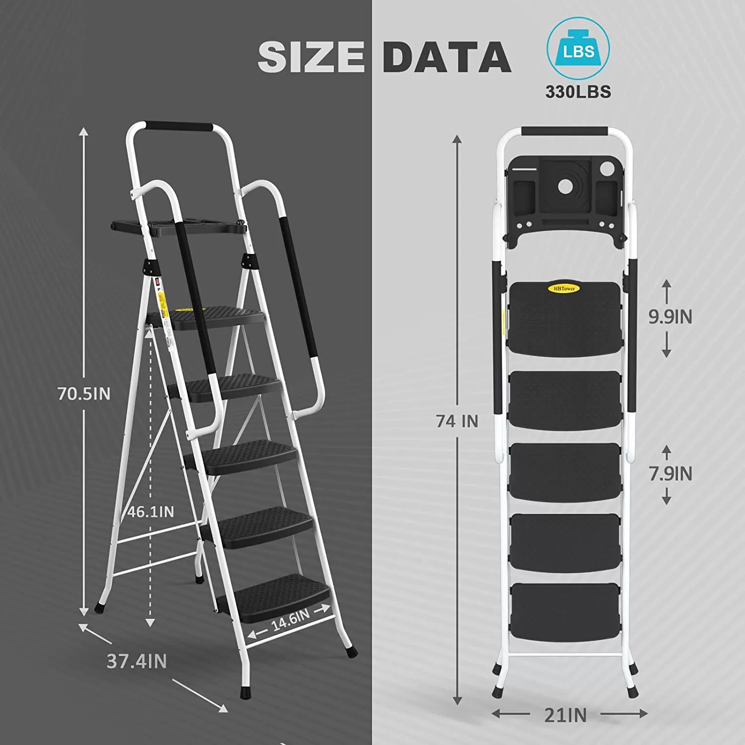4 Step Ladder, HBTower Folding Step Stool with Tool Platform, Wide Anti-Slip Pedal, Sturdy Steel Ladder, Convenient Handgrip, Lightweight 330lbs Portable Steel Step Stool, Black