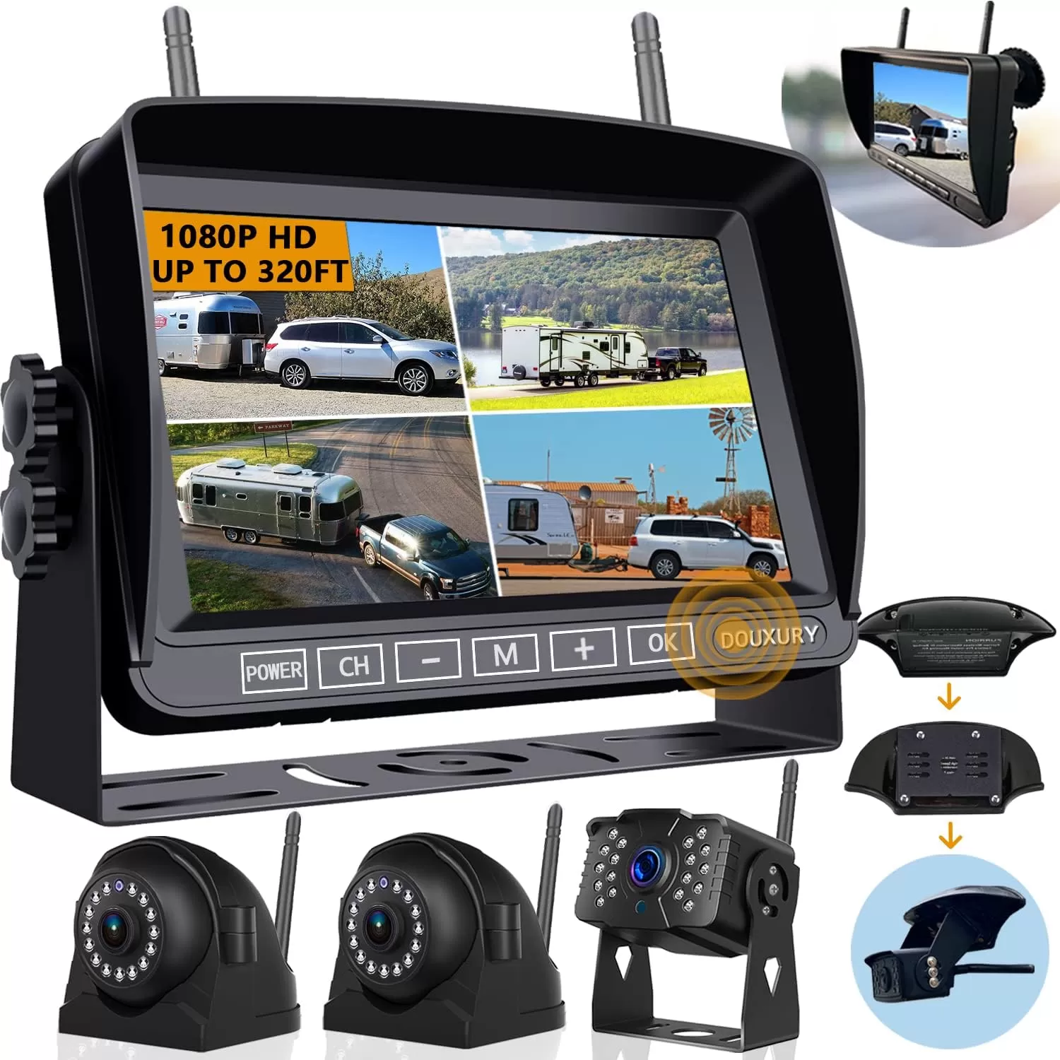 Wireless Backup Camera for RV Truck Trailer Camper Digital 3 Rear/Side View Cameras & HD 1080P 4 Splits 7