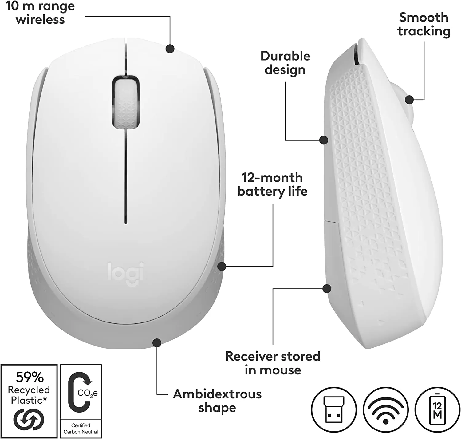 Logitech M170 Wireless Mouse for PC, Mac, Laptop, 2.4 GHz with USB Mini Receiver, Optical Tracking, 12-Months Battery Life, Ambidextrous - Blue Grey