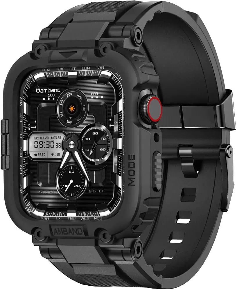 amBand Bands Compatible with Apple Watch 8/7 45mm, M1 Sport Series Rugged Case with Strap Protective Cover for iWatch 6/SE/5/4/3 42/44/45mm Men Black