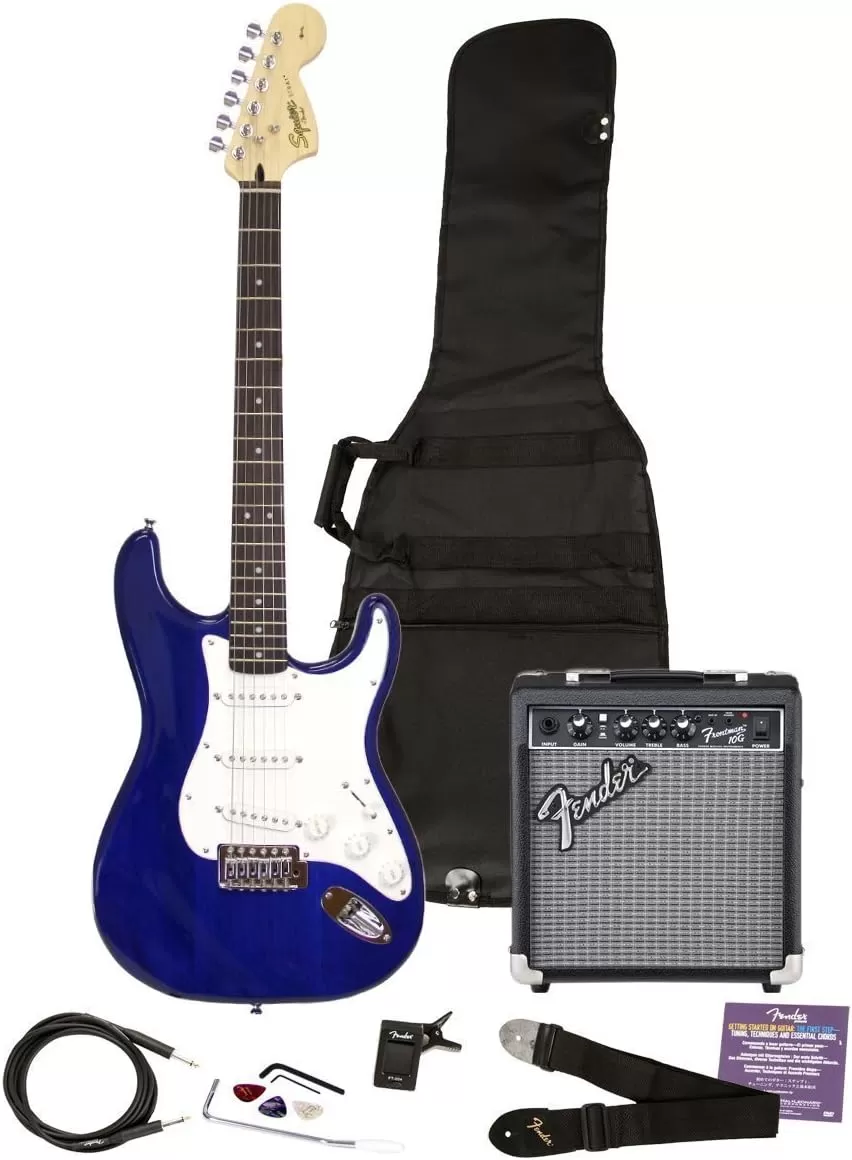 Fender Squier Stratocaster - Sunburst Bundle with Frontman 10G Amp, Gig Bag, Instrument Cable, Tuner, Strap, Picks, Fender Play Online Lessons, Instructional Book, and Austin Bazaar Instructional DVD