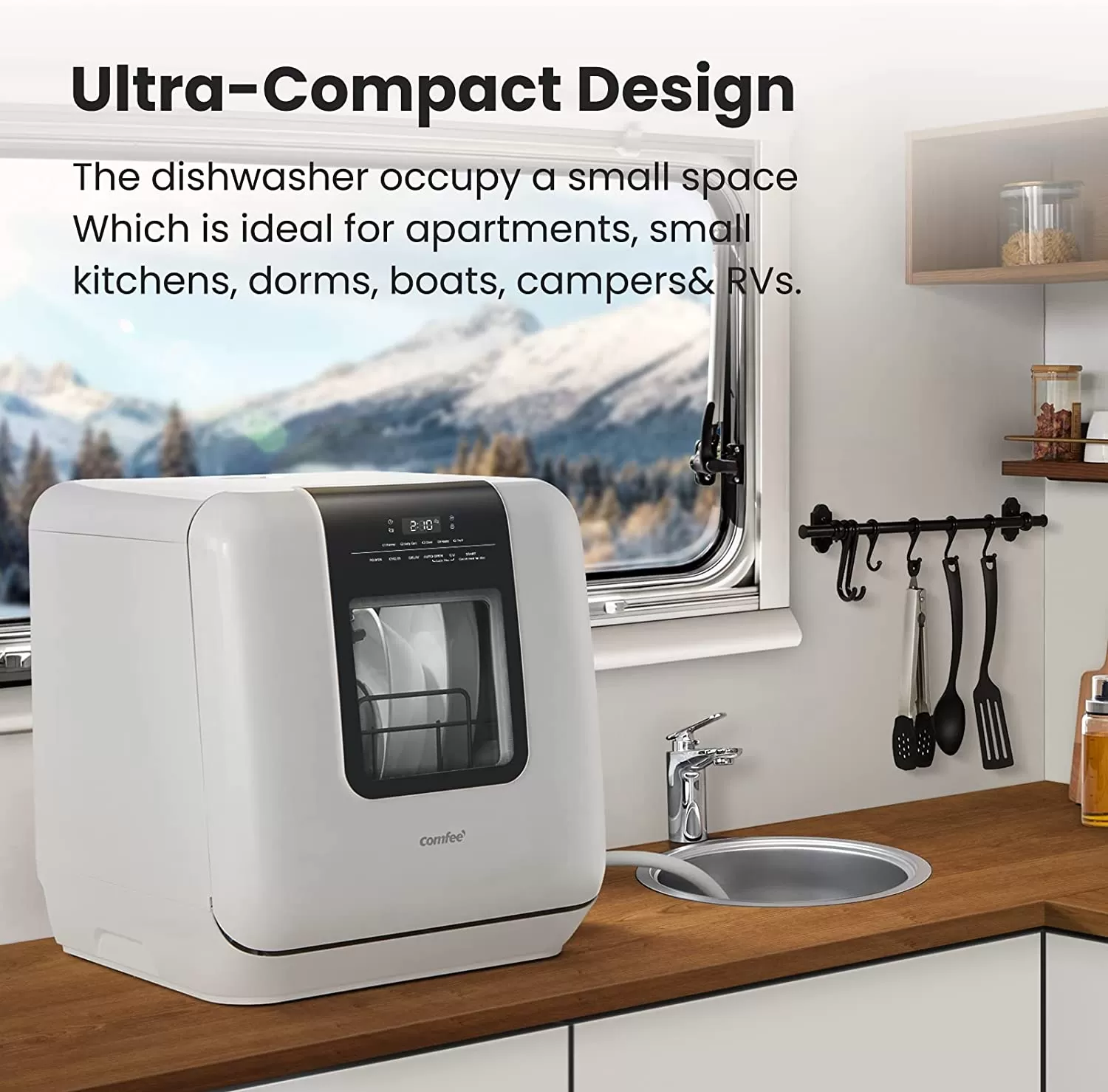 COMFEE' Portable Dishwasher Countertop, Mini Dishwasher with 5L Built-in Water Tank, No Hookup Needed, 6 Programs, 360° Dual Spray, 192°F High-Temp& Air-Dry Function, Dishwasher for Apartments& RVs