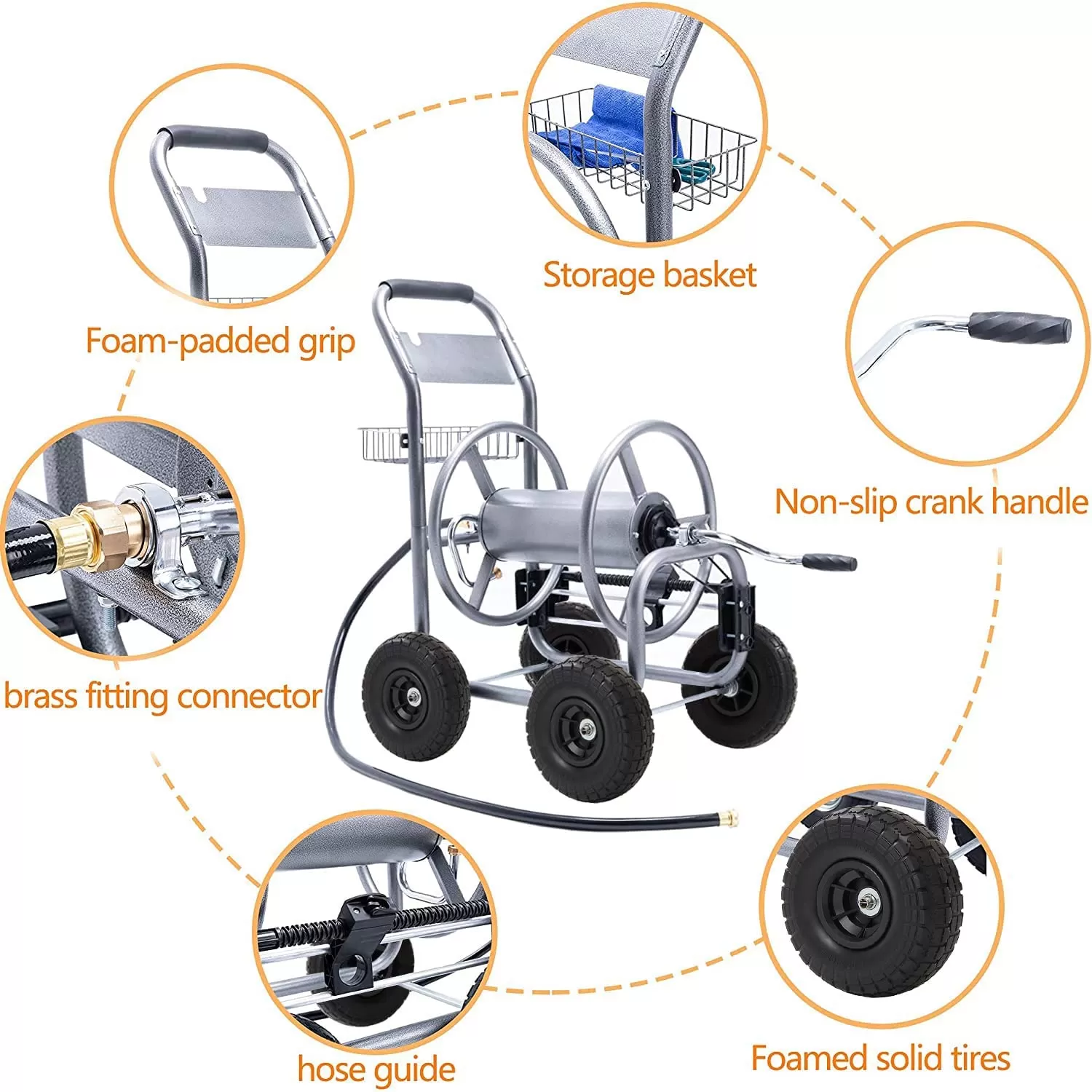 Hose Reel Cart, Hose Reel Cart with Wheels Heavy Duty, Industrial Hose Reels for Outside, 250-Feet of 5/8