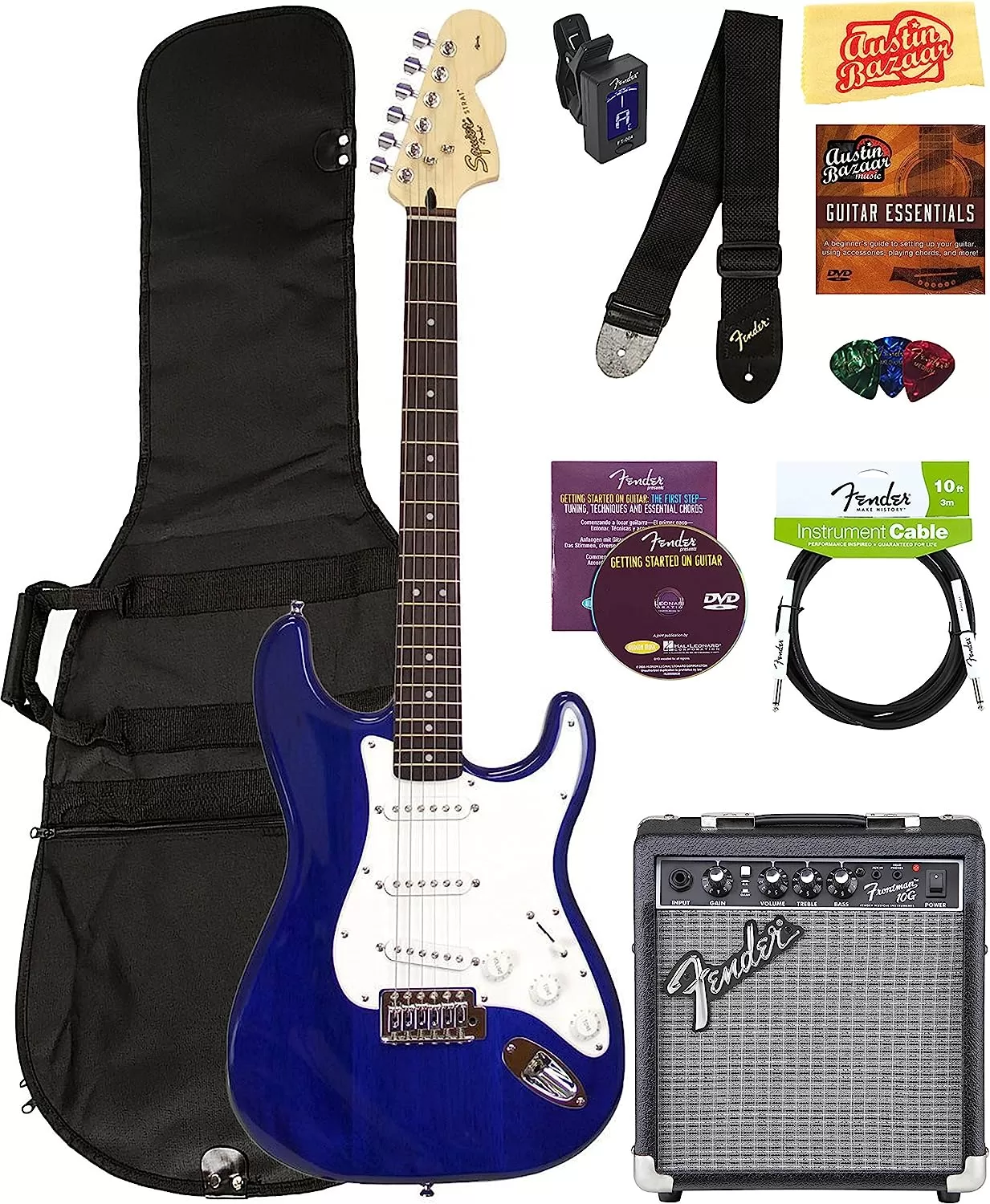 Fender Squier Stratocaster - Sunburst Bundle with Frontman 10G Amp, Gig Bag, Instrument Cable, Tuner, Strap, Picks, Fender Play Online Lessons, Instructional Book, and Austin Bazaar Instructional DVD