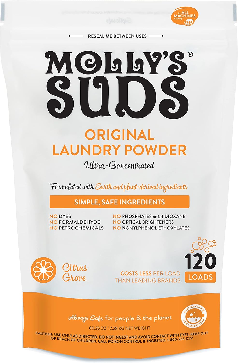 Molly's Suds Original Laundry Detergent Powder | Natural Laundry Detergent Powder for Sensitive Skin | Earth-Derived Ingredients, Stain Fighting | 120 Loads (Citrus Grove)